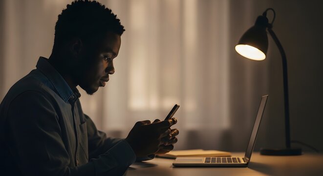 Young Black Man Working on Laptop in Modern Home Office