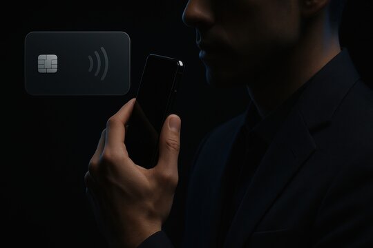 Businessman holding smartphone with holographic credit card symbolizing secure contactless payments, digital wallet and mobile finance technology
 - Powered by Adobe