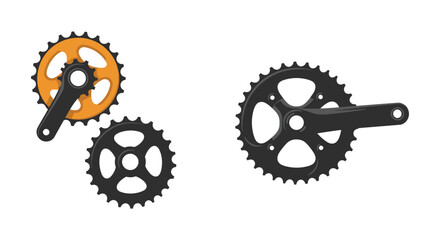 Detailed view of bicycle chainrings and crankset components isolated on white