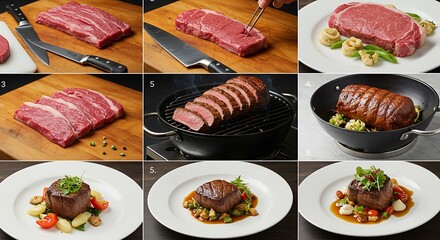 Culinary presentation of premium beef cuts in diverse cooking styles