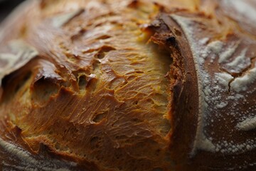 Close-up of golden-brown sourdough bread loaf with a crisp, textured crust and flour dusting