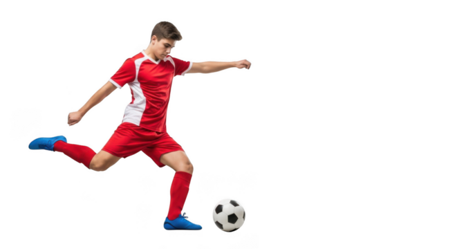 Dynamic young soccer player in red kit kicking ball for ultimate sports action shot