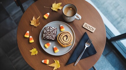 Halloween treats on a coffee table with autumn leaves, top-down flat lay with candy, and festive decor