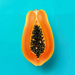 Halved Papaya with Orange Flesh and Black Seeds on Bright Turquoise Background for Tropical and Culinary Visual Concept
