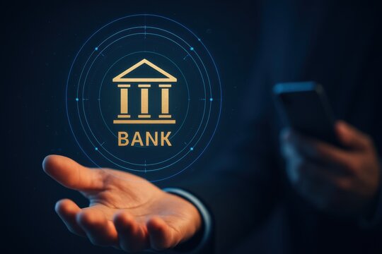Businessman holding smartphone with glowing holographic bank icon above hand representing digital finance, mobile banking and secure financial technology
 - Powered by Adobe