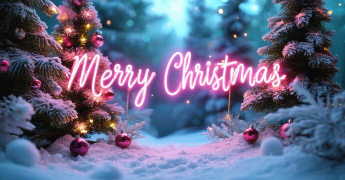 Festive scene depicts snowy landscape, illuminated trees, bright Merry Christmas text. Winter holiday greeting, warm glow, peaceful ambiance.