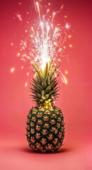 Pineapple with Sparkler Firework on Top Against Red Background for Tropical Celebration and Festive Concept Visual
