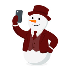 Vector illustration of a cheerful snowman in a maroon suit, gloves and hat taking a selfie on his phone