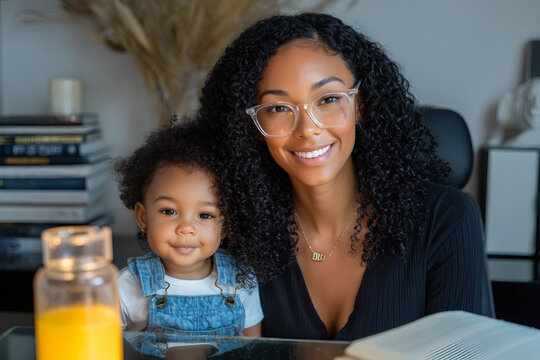 A mother and daughter, Estella is carrying Kayla behind a tempered black glass desk. 