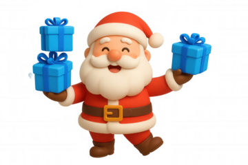 Santa claus cartoon character holding blue gifts, celebrating christmas holiday season, delivering presents
