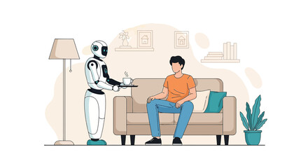 Futuristic living a robot butler serving coffee to a man in a modern home setting