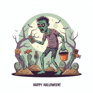 Happy Halloween Zombie Trick-or-Treating with Candy and Graveyard Hands
