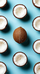 Whole and Halved Coconuts Arranged in Symmetrical Grid on Light Blue Background for Tropical and Minimalist Food Concept
