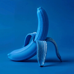 Blue Banana Partially Peeled on Solid Blue Background for Surreal Food Concept and Artistic Visual Contrast
