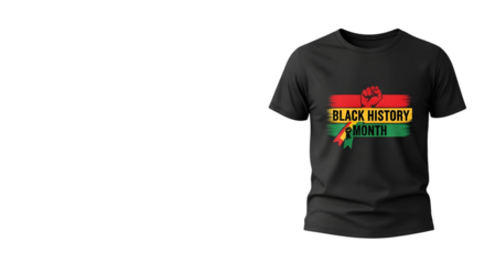 Black history month tshirt with raised fist and panafrican flag colors, isolated on transparent background