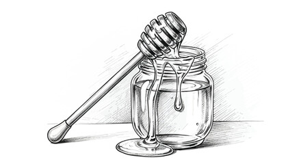 Honey jar with dipper, sketch style, sweet dripping honey