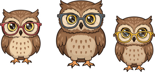 Cute cartoon owls wearing colorful eyeglasses illustration, adorable wise bird characters in trendy glasses isolated on white background vector designCute cartoon owls wearing colorful eyeglasses