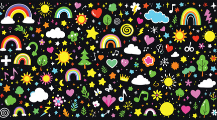 Whimsical pixel art pattern featuring vibrant rainbows, suns, stars, hearts, and trees on a dark background for a playful design