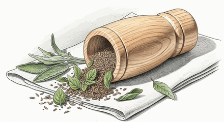 Wooden mortar with herbs and spices, culinary illustration art