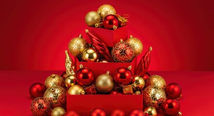 Christmas ornaments arranged in a tiered display