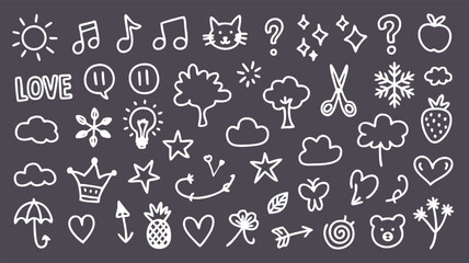 Hand drawn chalk doodle set with sun, music notes, cat, question mark, stars, apple, love, tree, cloud and other elements