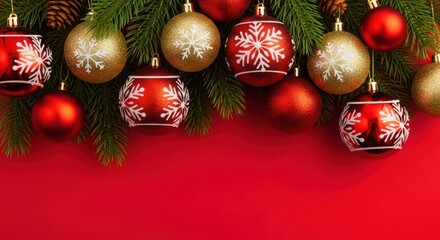 Assortment of red and gold christmas ornaments on a pine branch