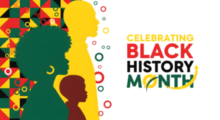 Celebrating black history month with diverse silhouettes and colorful abstract background isolated on transparent background