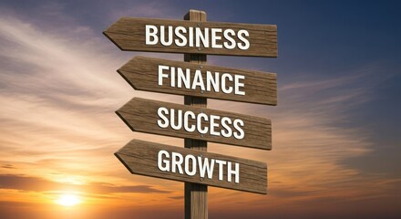 Directional signpost with words business, finance, success, growth
