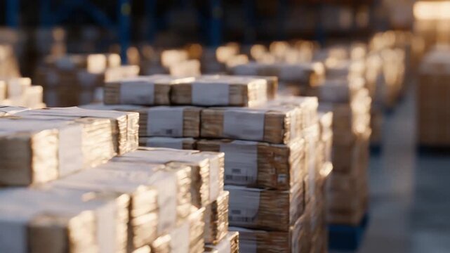 A neatly organized warehouse showcases stacked boxes with partially visible canned goods labels, creating geometric patterns on a pristine floor.