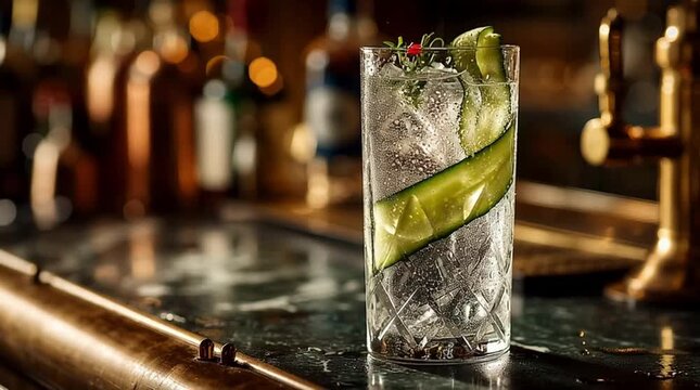 Classic Gin Tonic: Crystal highball glass with gin tonic, cucumber ribbon and juniper berries on marble bar counter with brass rail  

