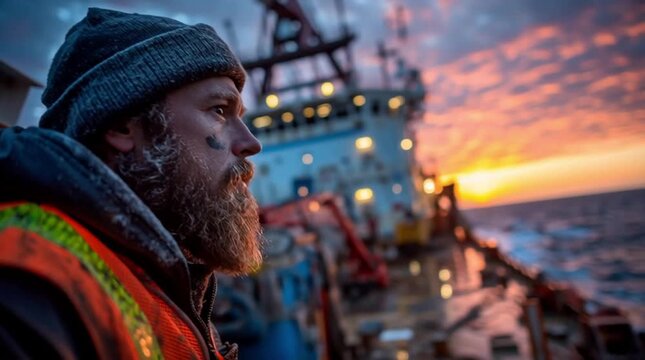 Offshore Renewable Energy: Engineer in safety vest observing wind turbine maintenance vessel at dawn on ocean platform  
