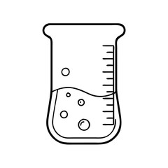 Vector art of a simple line drawing of a laboratory beaker with liquid and bubbles, showing measurement markings, isolated on a