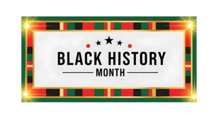 Black history month text with panafrican flag border and sparkling lights, isolated on transparent background