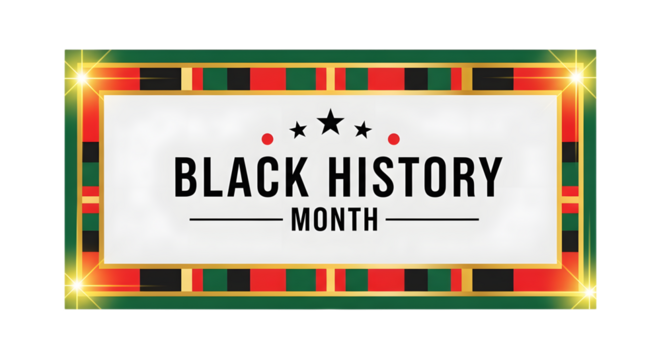 Black history month text with panafrican flag border and sparkling lights, isolated on transparent background