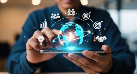 Person using smartphone with global network interface