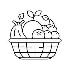 Vector art of line art illustration of a basket filled with various fruits like oranges, apples, and cherries, , representing abundance and healthy eating