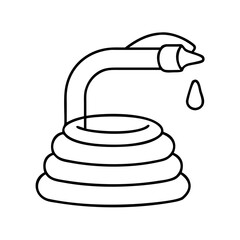 Vector art of a line art icon representing a garden hose with a drop of water falling from the nozzle, isolated on a