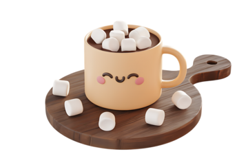 A charming illustration of a mug filled with hot chocolate and marshmallows, with a delightful smile design, set on a wooden serving board   isolated on white background , cagainst a white background.