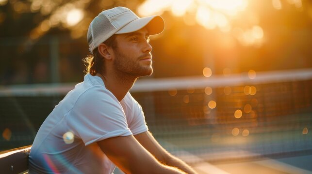 a male tennis player sitting on bench during break, drinking water, bright sunlight