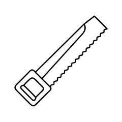 Vector art of a simple black and white line drawing of a hand saw with a wooden handle and a serrated metal blade, isolated on a