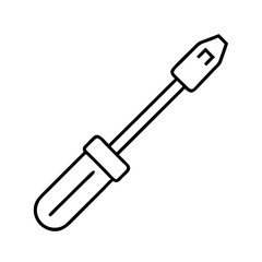 Vector art of a minimalist line drawing of a screwdriver, featuring a black handle and a metallic shaft, presented on a clean