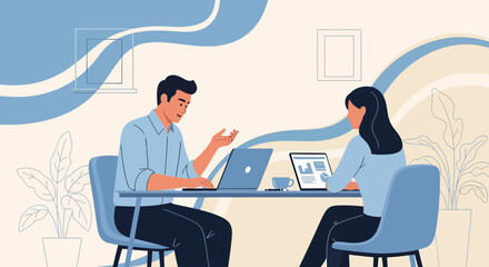 Illustration of colleagues collaborating on laptops in a modern workspace showcasing teamwork and