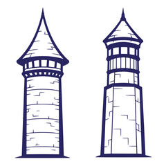 Obraz premium Two vector illustrations of medieval castle towers in outline style isolated on white