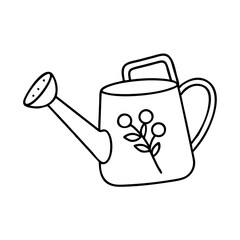 Vector art of a charming black and white line art illustration of a watering can with a floral design, isolated on a, perfect for gardening themes