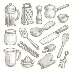 Kitchen Utensils, Cooking Tools, and Gadgets in Sketch Style