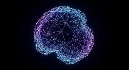 Glowing wireframe brain structure with connected nodes on a black background concept art