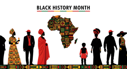 Black history month celebration with diverse people in traditional african attire and a map of africa, isolated on transparent background
