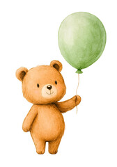 Watercolor Teddy Bear with Balloon, Cute Animal Clipart, Hand Painted Nursery Illustration