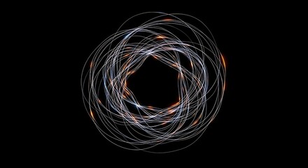 Abstract circular light trails forming a complex pattern against a dark black background design