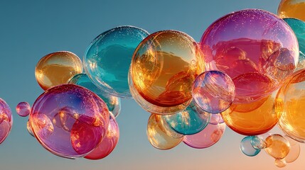   A group of colorful balloons floats in the sky against a blue background